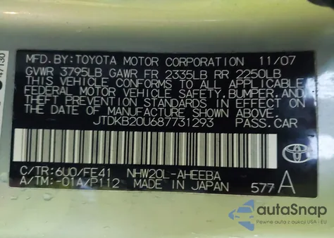 2008 Toyota Prius from USA, damaged, VIN JTDKB20U687731293